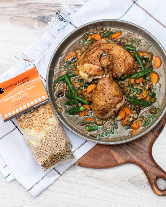 Chicken Barley Soup with Crispy Baked Chicken Thighs