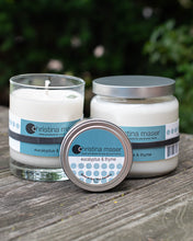 Load image into Gallery viewer, Christina Maser Co. Eucalyptus &amp; Thyme Soy Wax Candle in Glass containers with teal labels
