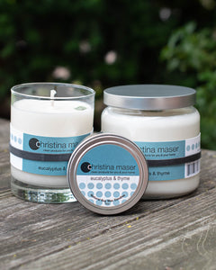Christina Maser Co. Eucalyptus & Thyme Soy Wax Candle in Glass containers with teal labels
