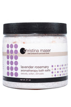 Load image into Gallery viewer, Lavender Rosemary aromatherapy bath salts in clear jar with black lid. Salt is white with Himalayan Sea Salt pink accents. Label is white with purple accents.