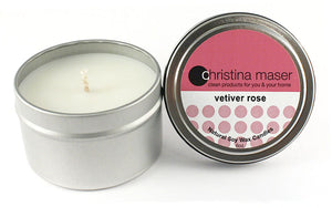 Christina Maser Co. Vetiver Rose Soy Wax Candle 6 oz metal tin.