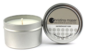 Christina Maser Co. Sandalwood Rose Soy Wax Candle 6 oz metal tin.