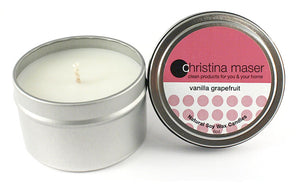 Christina Maser Co. Vanilla Grapefruit Soy Wax Candle 6 oz metal tin.