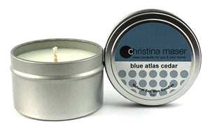 Christina Maser Co. Blue Atlas Cedar Soy Wax Candle 6 oz. metal tin.