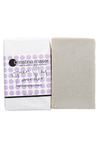 Load image into Gallery viewer, Green Clay lavender vegan bar soap. Handmade soap is slate grey. Bar is wrapped in white paper with lavender colored dot accents on the label.
