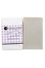 Load image into Gallery viewer, Green Clay lavender vegan bar soap. Handmade soap is slate grey. Bar is wrapped in white paper with lavender colored dot accents on the label.