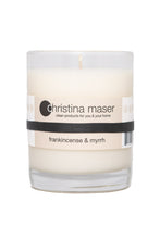 Load image into Gallery viewer, Christina Maser Co. Frankincense &amp; Myrrh Soy Wax Candle 10 oz. glass tumbler.
