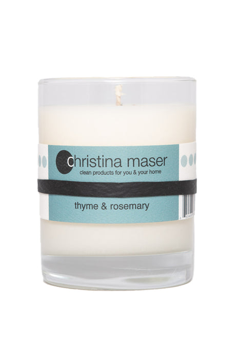 Christina Maser Co. Thyme & Rosemary Soy Wax Candle 10 oz glass tumbler.