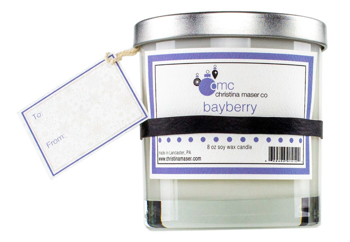 Bayberry holiday special edition soy wax candle. 8 oz clear glass tumbler with silver metal lid. includes blank gift tag. great for holiday shopping and holiday gifting.