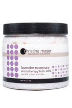 Load image into Gallery viewer, Lavender Rosemary aromatherapy bath salts in clear jar with black lid. Salt is white with Himalayan Sea Salt pink accents. Label is white with purple accents.
