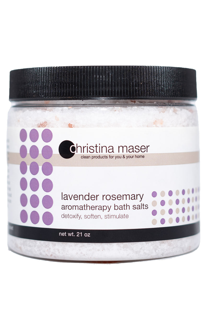 Lavender Rosemary aromatherapy bath salts in clear jar with black lid. Salt is white with Himalayan Sea Salt pink accents. Label is white with purple accents.