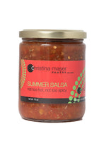 Load image into Gallery viewer, Summer salsa in wide glass mason jar with red label and gold metal lid. Not too spicy or hot, just right.
