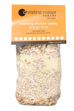 Load image into Gallery viewer, Photo of Chicken Barley dry Soup Mix. Close-up of grains and spices in a clear cello bag with an orange label.
