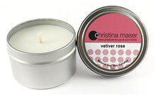 Load image into Gallery viewer, Christina Maser Co. Vetiver Rose Soy Wax Candle 6 oz metal tin.
