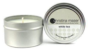 Christina Maser Co. White Tea Soy Wax Candles 6 oz metal tin.