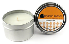 Load image into Gallery viewer, Christina Maser Co. Ginseng Pear Soy Wax Candle 6 oz metal tin.
