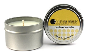 Christina Maser Co. Cardamom Cedar Soy Wax Candle 6 oz metal tin.