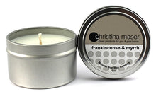 Load image into Gallery viewer, Christina Maser Co. Frankincense &amp; Myrrh Soy Wax Candle 6 oz metal tin.
