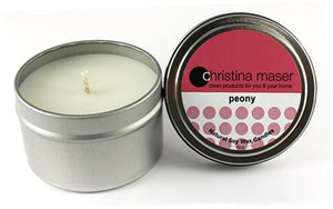 Christina Maser Co. Peony Soy Wax Candle 6 oz metal tin.