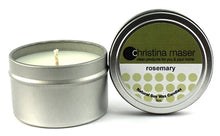 Load image into Gallery viewer, Rosemary soy wax candle in silver metal tin with lid featuring forest green label.
