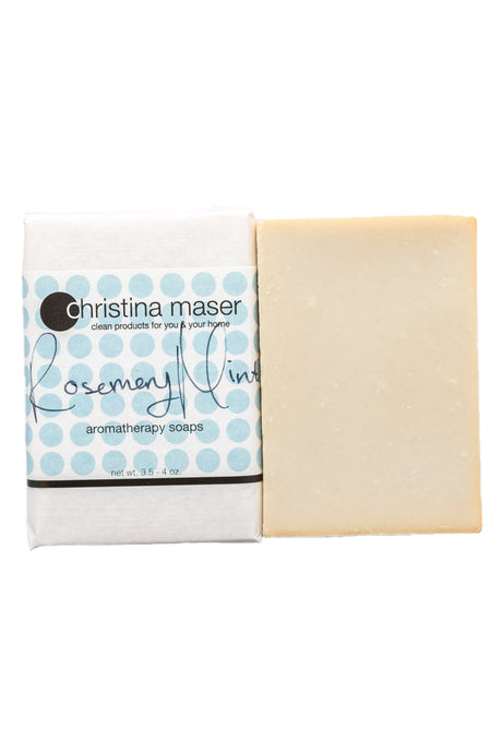 Rosemary mint vegan bar soap. Soap is natural colored. Wrapped in white paper with light blue dots