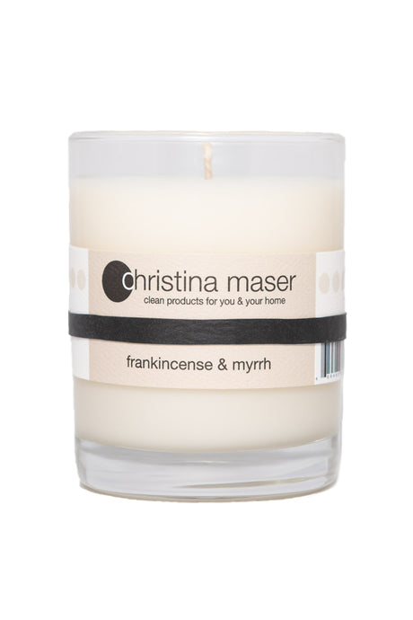 Christina Maser Co. Frankincense & Myrrh Soy Wax Candle 10 oz. glass tumbler.