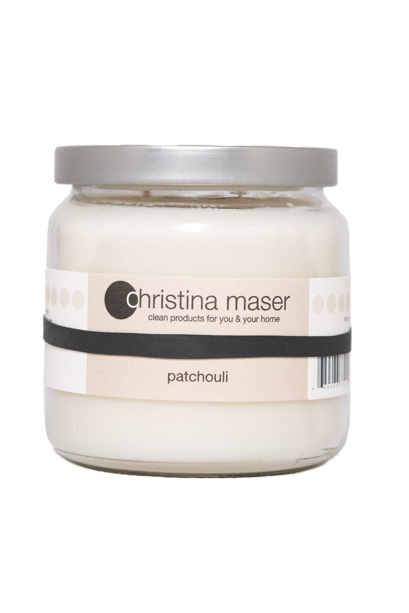 Christina Maser Co. Patchouli Soy Wax Candle 16 oz. glass jar.