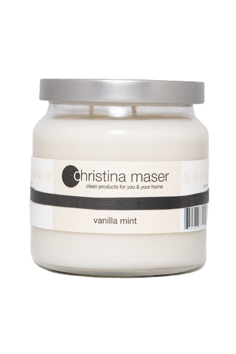 Christina Maser Co. Vanilla Mint Soy Wax Candle 16 oz glass jar.