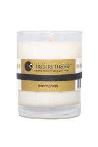 Lemongrass soy wax candle in glass tumbler. Tumbler is clear glass with forest green label. Handmade in Lancaster, PA.