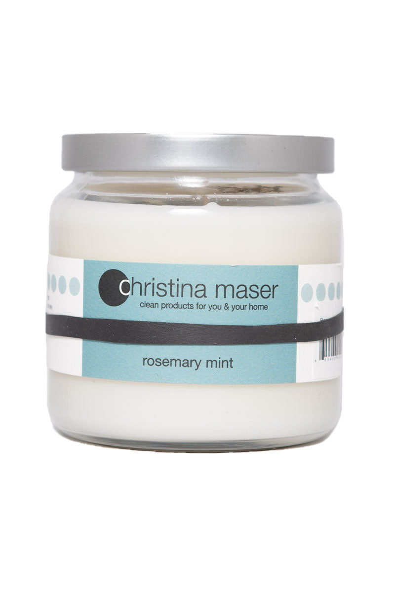 Christina Maser Co. Rosemary Mint Soy Wax Candle 16 oz glass jar.