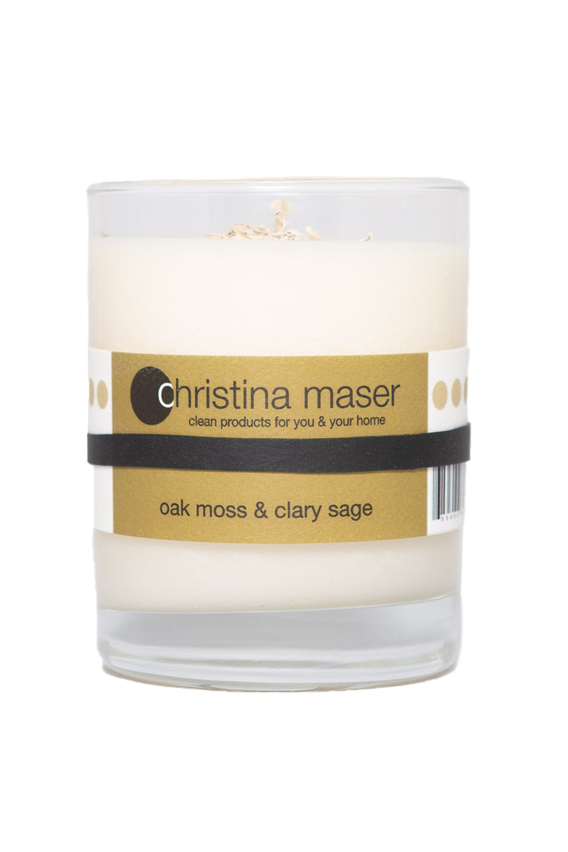 Christina Maser Co. Oak Moss & Clary Sage Soy Wax Candle 10 oz. glass tumbler.