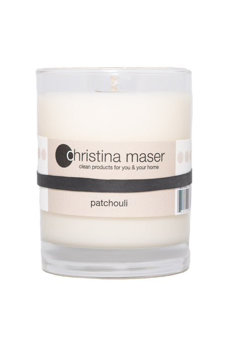 Christina Maser Co. Patchouli Soy Wax Candle 10 oz. glass tumbler.