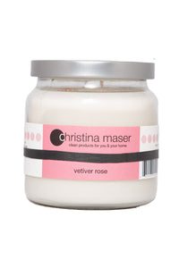 Christina Maser Co. Vetiver Rose Soy Wax Candle 16 oz glass jar.