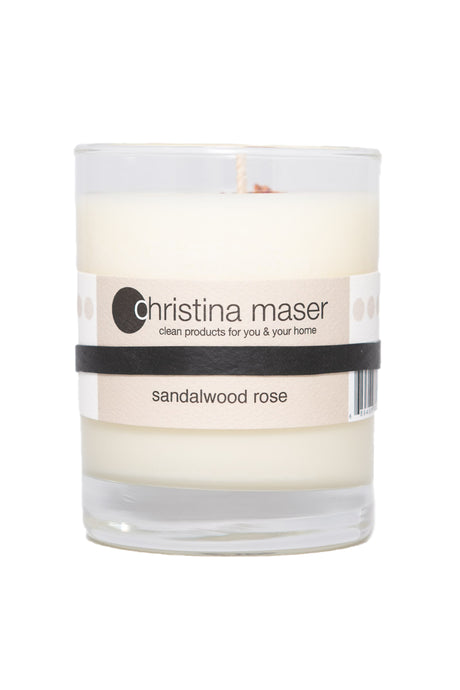 Christina Maser Co. Sandalwood Rose Soy Wax Candle 10 oz. glass tumbler.