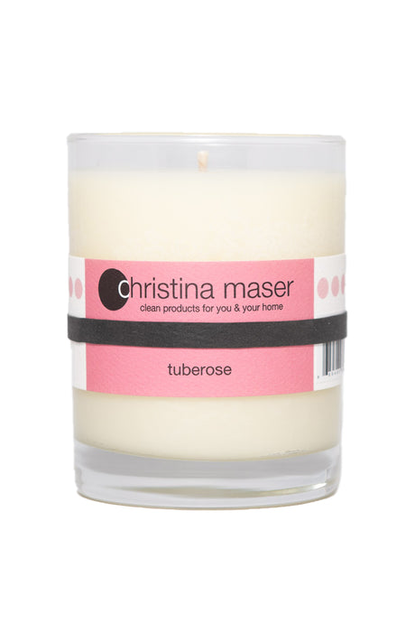 Christina Maser Co. Tuberose Soy Wax Candle 10 oz glass tumbler.