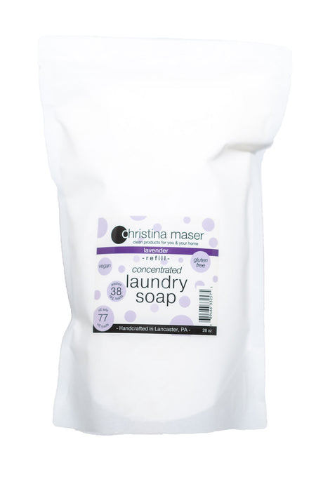 Concentrated powdered vegan laundry soap refill bag. Lavender scented with essential oil only. High efficiency compatible.