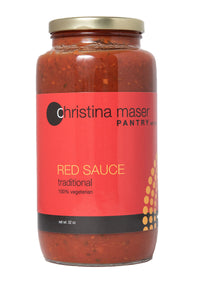 Traditional Red Sauce in large glass jar with metal lid and red wraparound label. Vegetarian. Great for pasta or pizza.