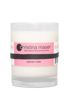 Load image into Gallery viewer, Christina Maser Co. Vetiver Rose Soy Wax Candle 10 oz glass tumbler.
