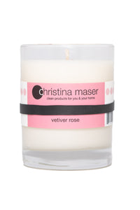 Christina Maser Co. Vetiver Rose Soy Wax Candle 10 oz glass tumbler.