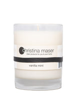 Load image into Gallery viewer, Christina Maser Co. Vanilla Mint Soy Wax Candle 10 oz glass tumbler.
