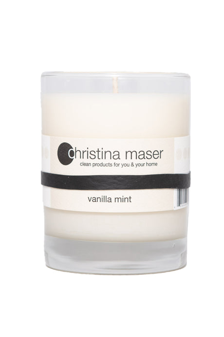Christina Maser Co. Vanilla Mint Soy Wax Candle 10 oz glass tumbler.