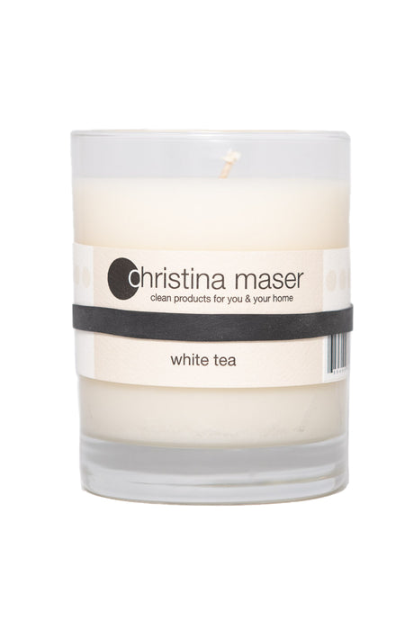 Christina Maser Co. White Tea Soy Wax Candles 10 oz glass tumbler.