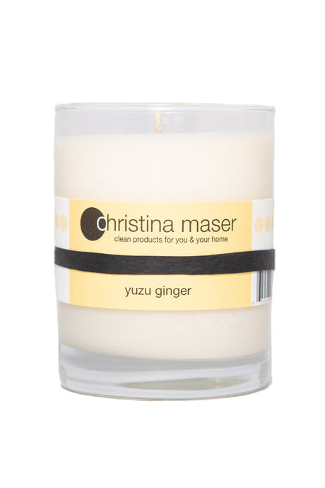 Christina Maser Co. Yuzu Ginger Soy Wax Candle 10 oz glass tumbler.