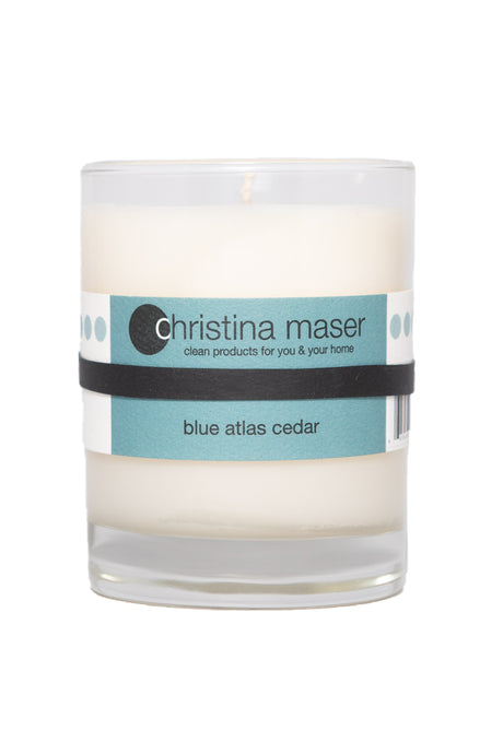 Christina Maser Co. Blue Atlas Cedar Soy Wax Candle 10 oz. glass tumbler.