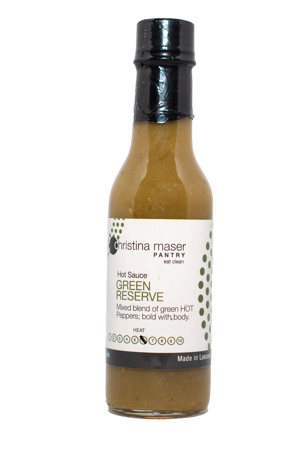 Green Reserve hot sauce in a glass bottle with black lid. Hot sauce is green. Label is off white with dark green accents.