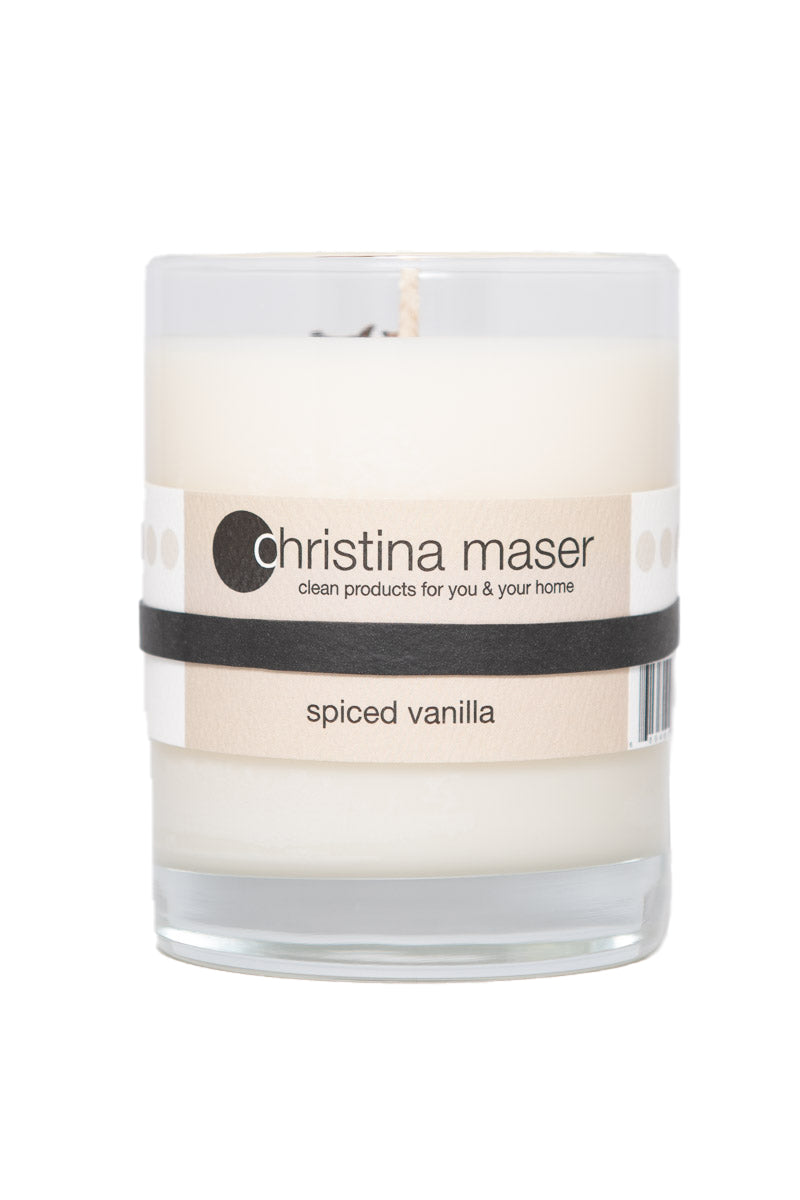 Christina Maser Co. Spiced Vanilla Soy Wax Candle 10 oz glass tumbler.