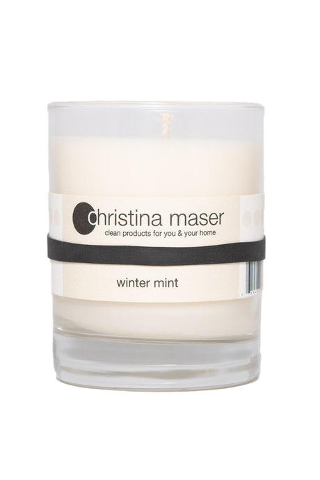 Christina Maser Co. Winter Mint Soy Wax Candle 10 oz glass tumbler.