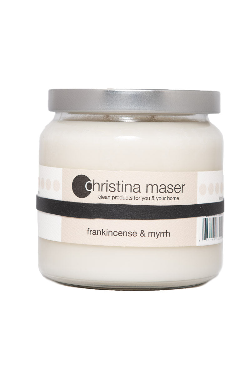Christina Maser Co. Frankincense & Myrrh Soy Wax Candle 16 oz. glass jar.