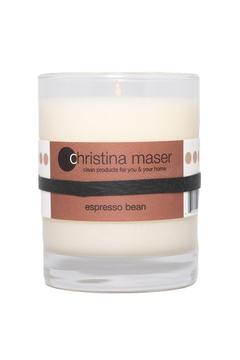 Christina Maser Co. Espresso Bean Soy Wax Candle 10 oz glass tumbler.
