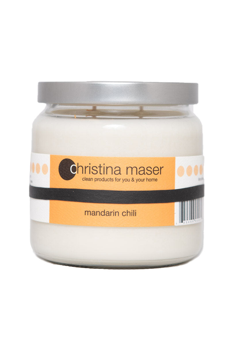 Christina Maser Co. Mandarin Chili Soy Wax Candle 16 oz glass jar.